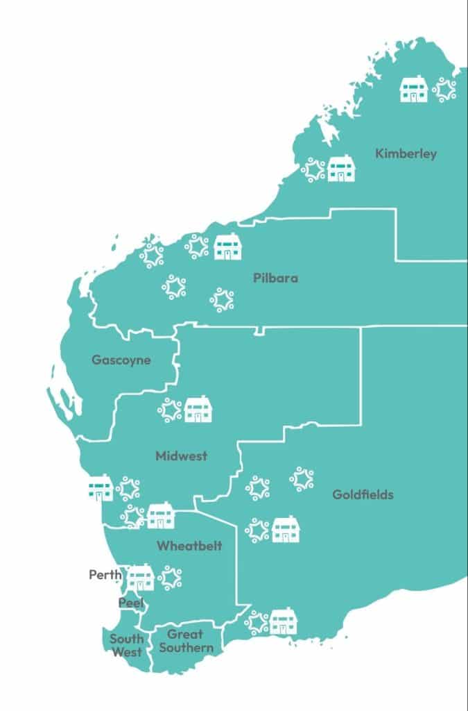 Map of Western Australia with symbols depicting where HOPE offers services